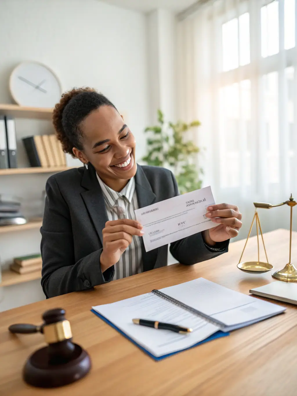 A closing attorney handing over a check to a property seller, with signed documents on the table.