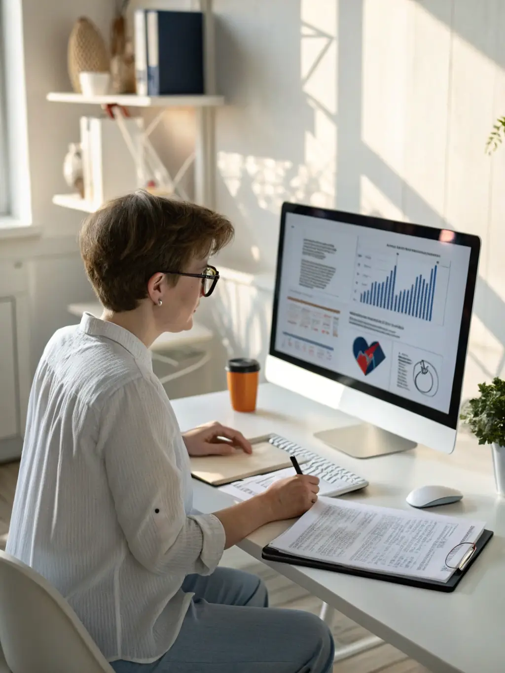 A Prime Flip Homes analyst reviewing property data and market trends on a computer screen, with charts and graphs visible.