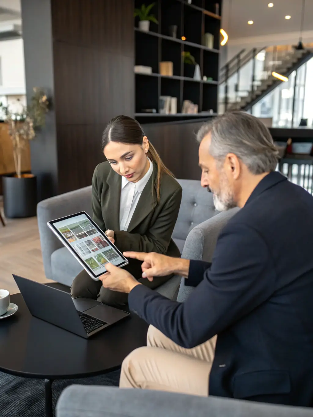 A professional real estate agent presenting a property portfolio to a Prime Flip Homes acquisition specialist in a modern office setting.