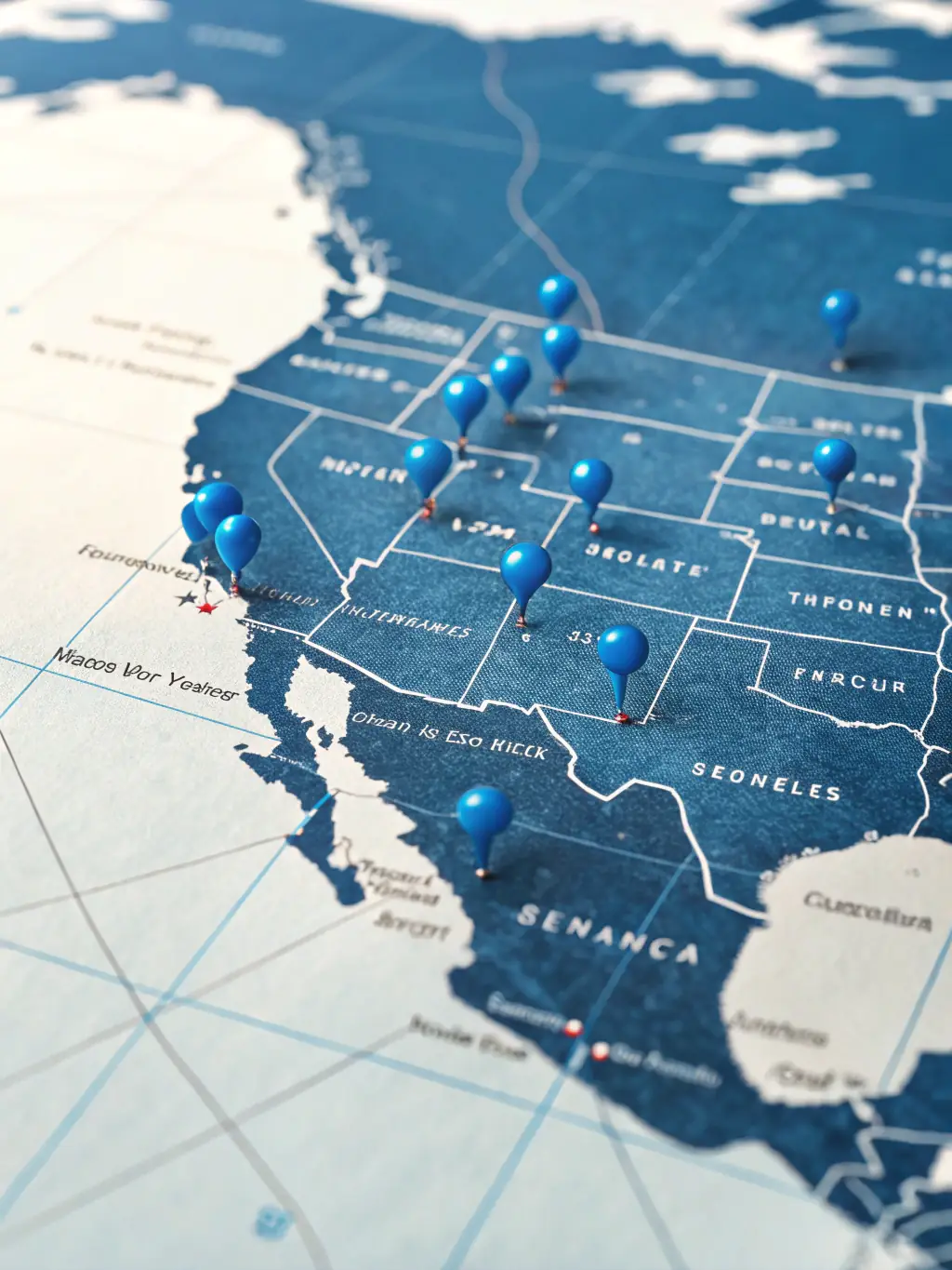 A map of the United States with pins highlighting multiple states, indicating the company's expanding service area.